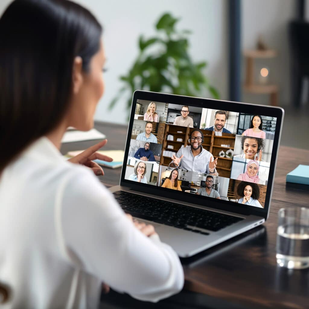 businesswoman having video conference call with colleagues.