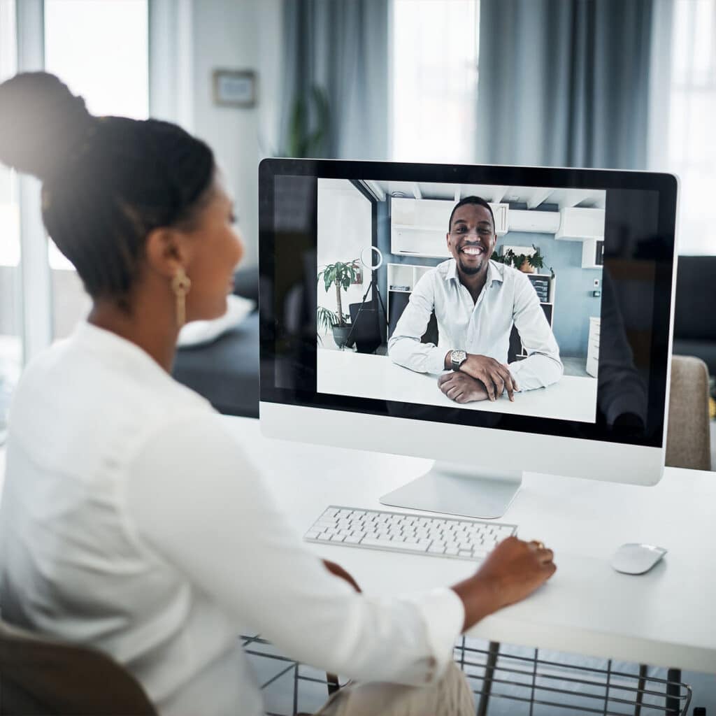 Businesswoman, computer screen and virtual meeting with worker on video call