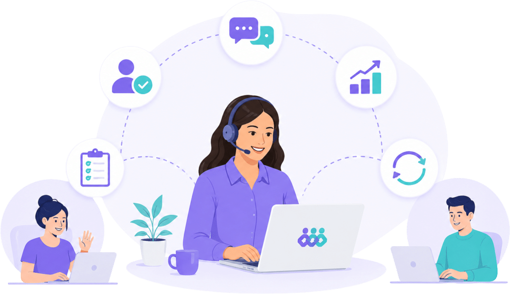 Graphic illustration showing virtual support team